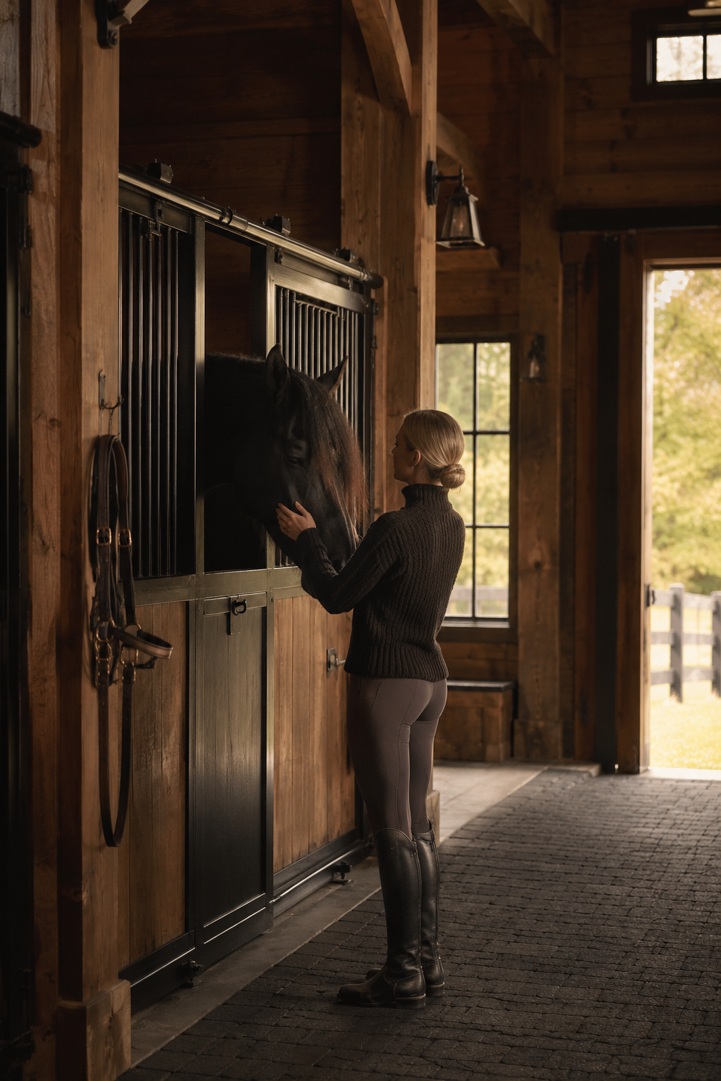Equestrian with horse inside a timber stable at Keene Preserve