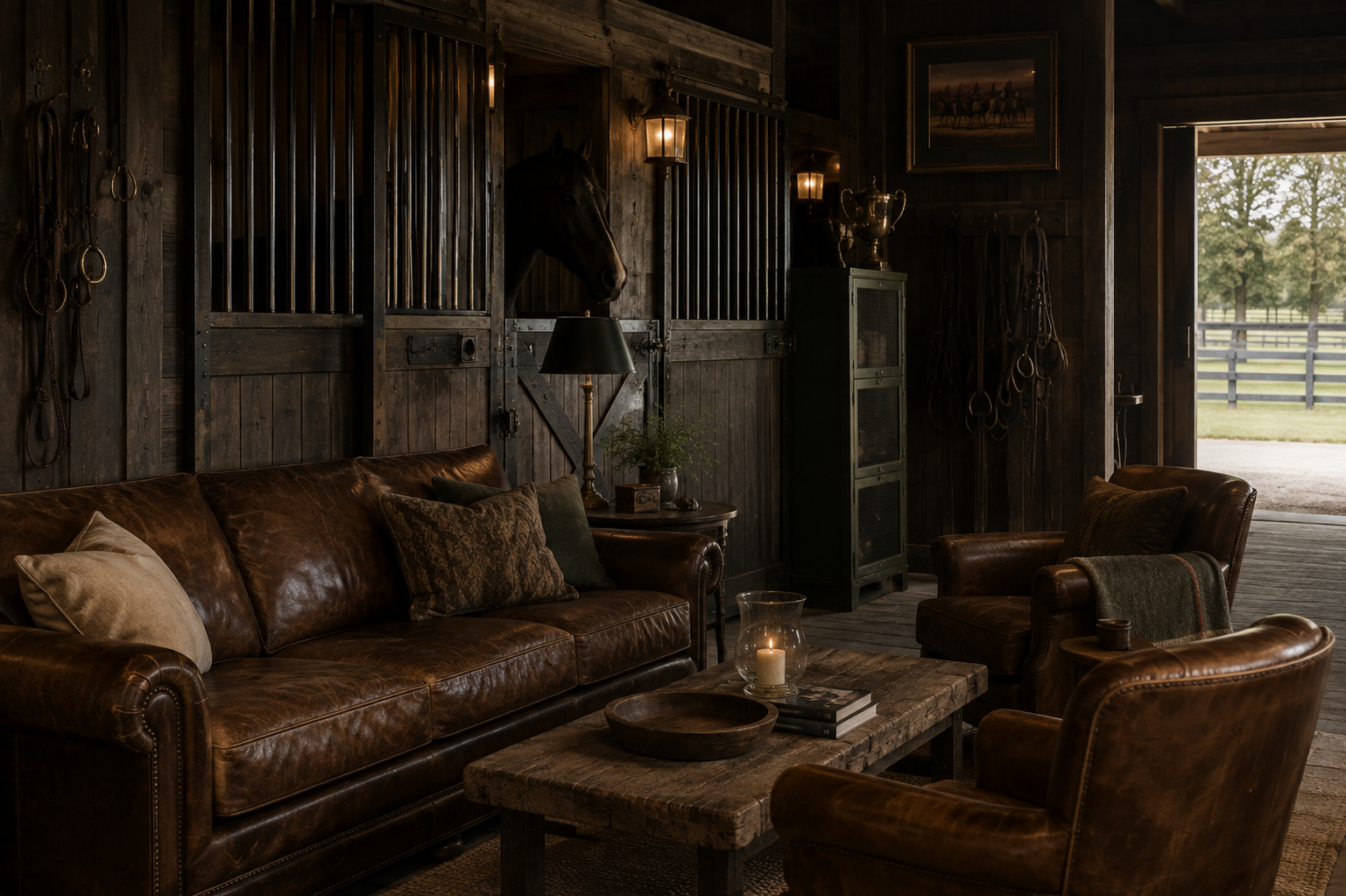 Leather seating inside a warm timber stable lounge