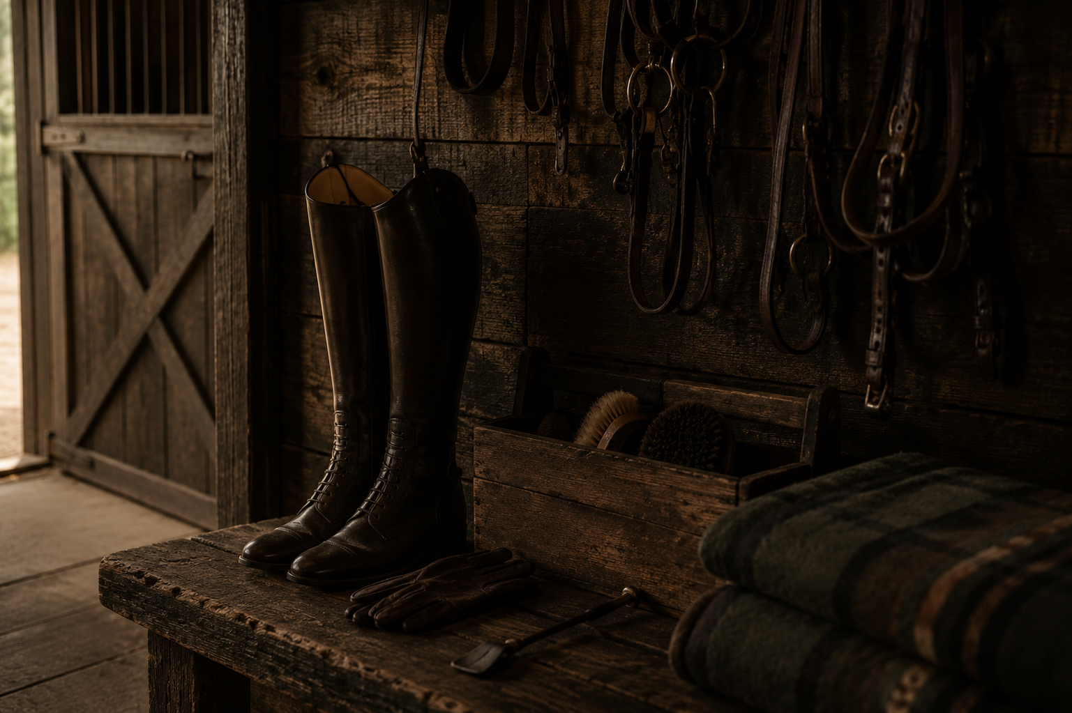 Riding boots and barn tools inside a timber tack room at Keene Preserve