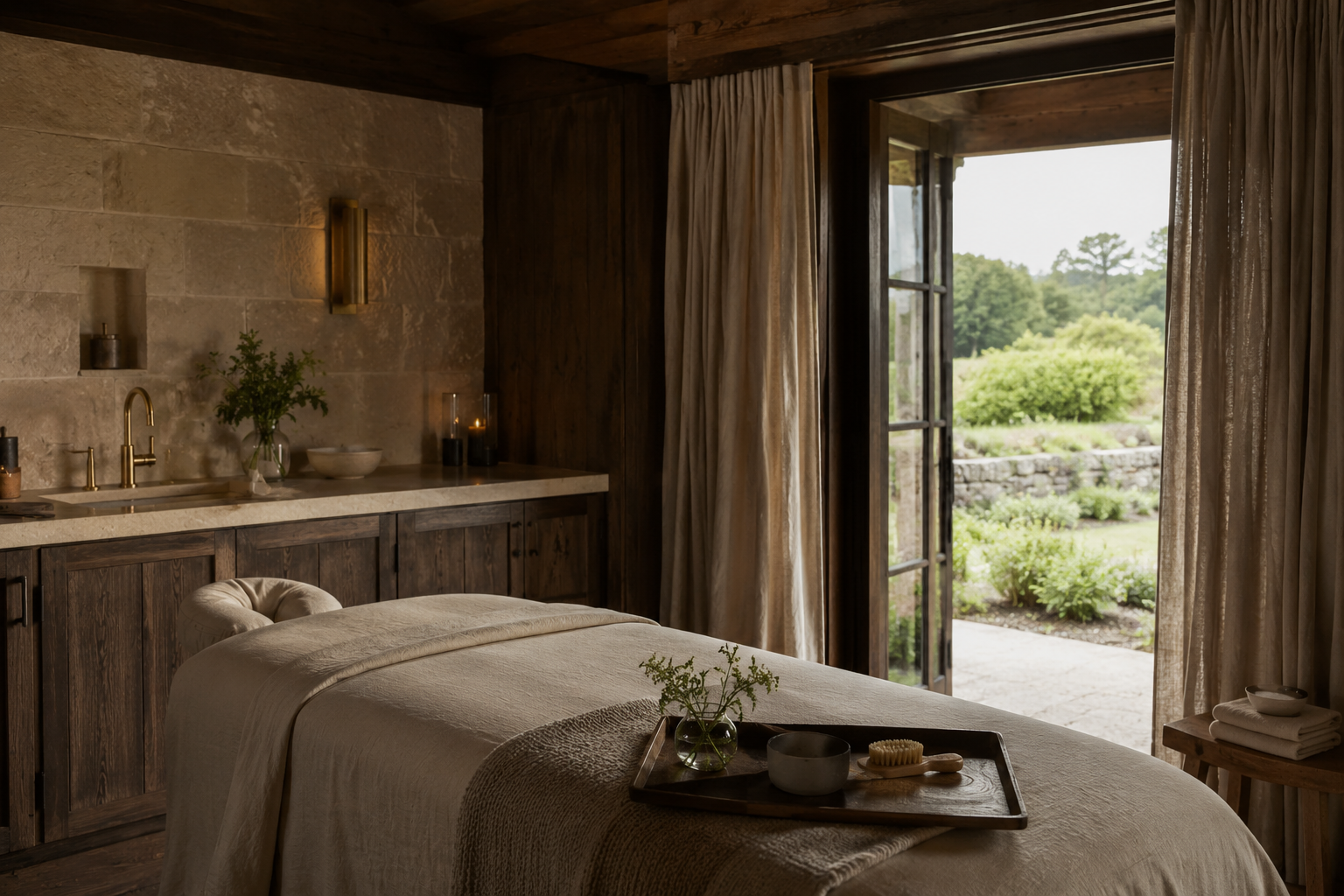 Spa treatment room overlooking the landscape at Keene Preserve