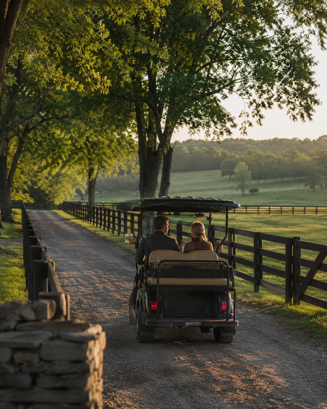 Guests riding a golf cart through the farm at Keene Preserve